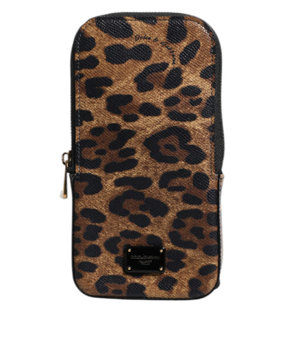 Portefeuille zippé en cuir Dauphine marron imprimé léopard Dolce & Gabbana