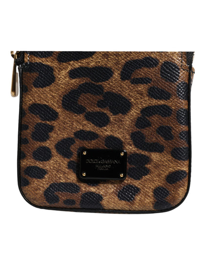Portefeuille zippé en cuir Dauphine marron imprimé léopard Dolce & Gabbana