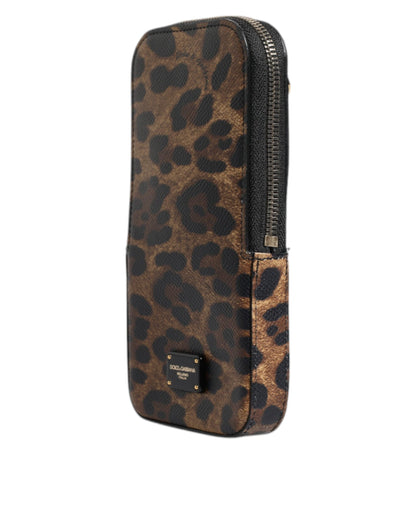 Portefeuille zippé en cuir Dauphine marron imprimé léopard Dolce & Gabbana