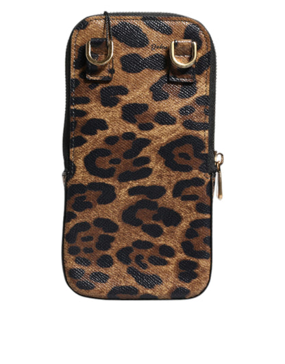 Portefeuille zippé en cuir Dauphine marron imprimé léopard Dolce & Gabbana