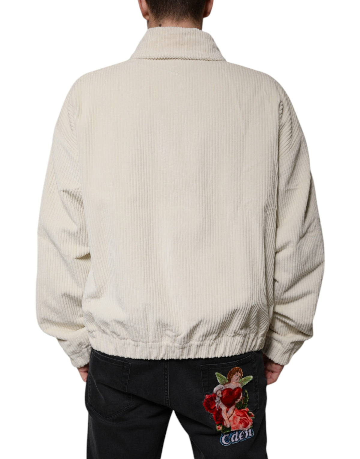 Veste en velours côtelé à fermeture éclair avec logo beige appliqué de Dolce & Gabbana