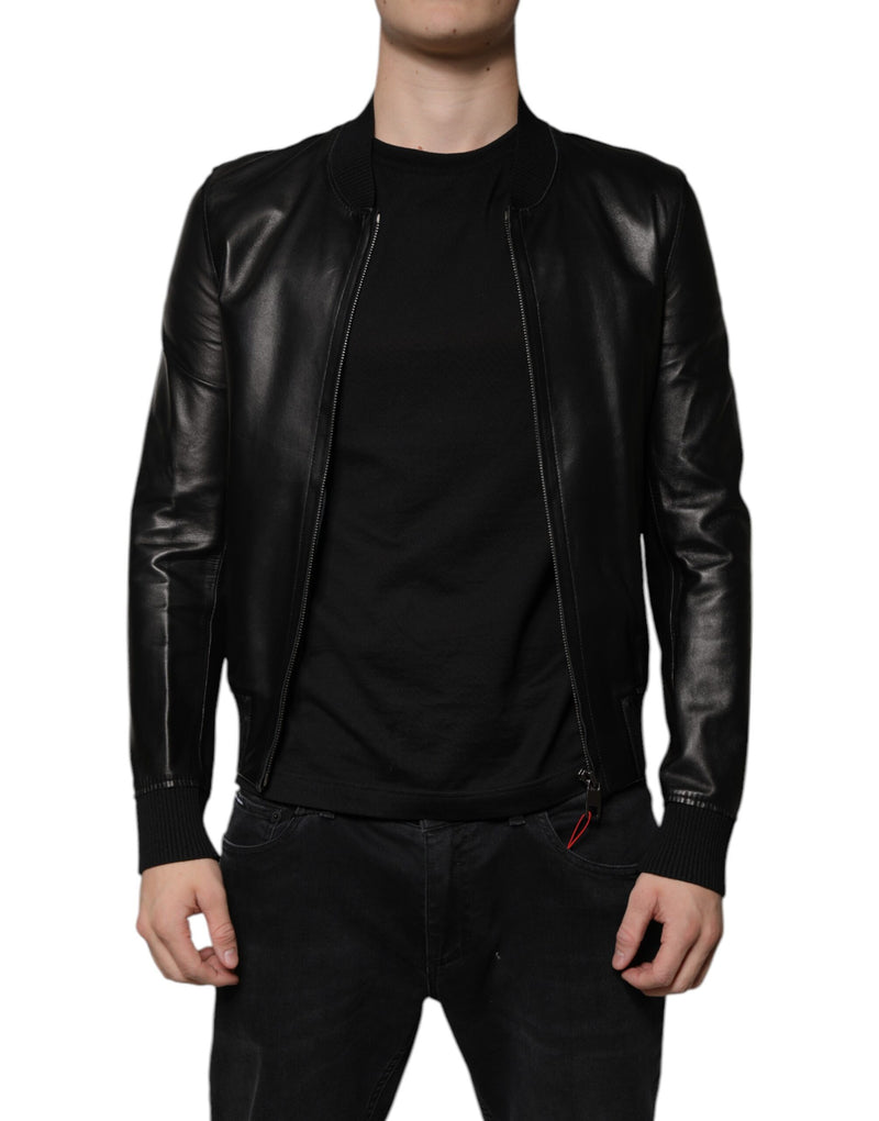Blouson de moto en cuir d'agneau noir à fermeture éclair intégrale de Dolce & Gabbana
