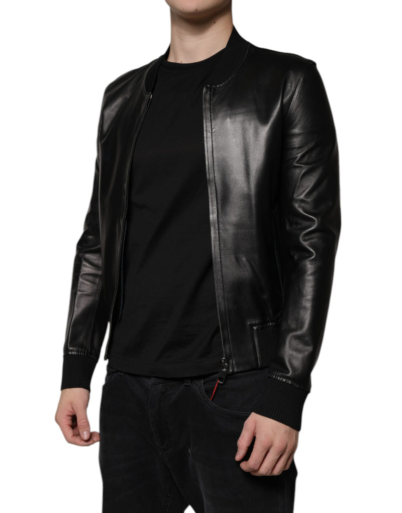 Blouson de moto en cuir d'agneau noir à fermeture éclair intégrale de Dolce & Gabbana