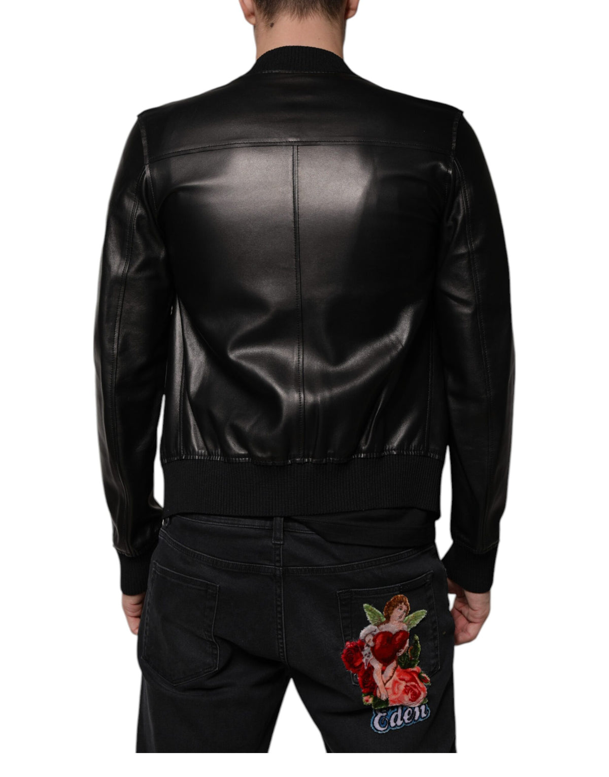 Blouson de moto en cuir d'agneau noir à fermeture éclair intégrale de Dolce & Gabbana