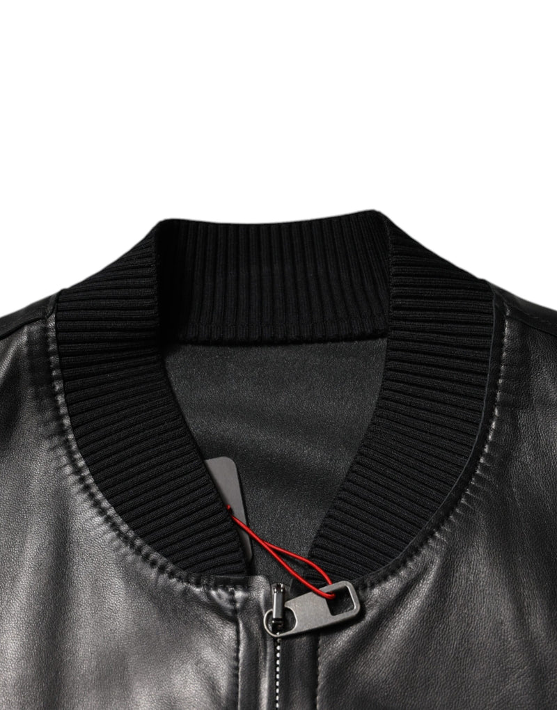 Blouson de moto en cuir d'agneau noir à fermeture éclair intégrale de Dolce & Gabbana