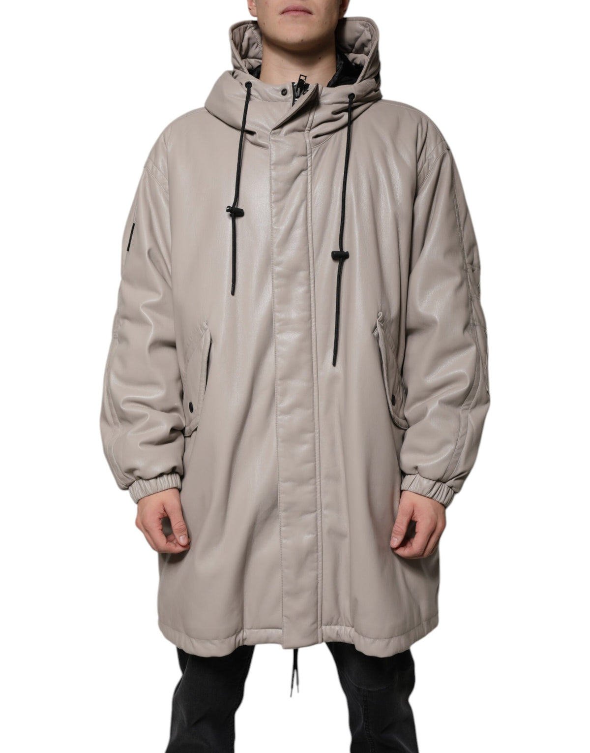 MSGM Veste manteau casual beige à capuche, manches longues et fermeture éclair intégrale.