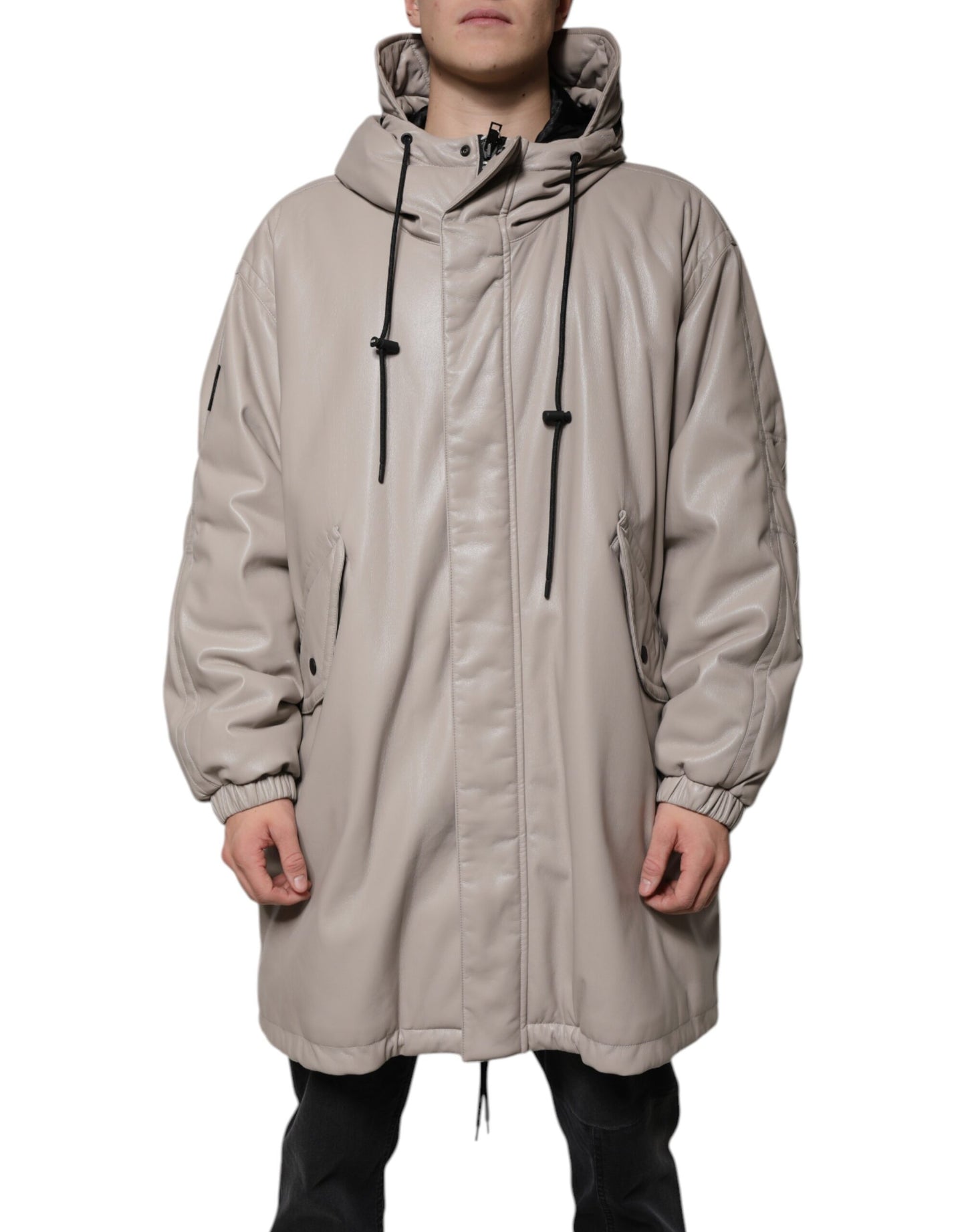 MSGM Veste manteau casual beige à capuche, manches longues et fermeture éclair intégrale.