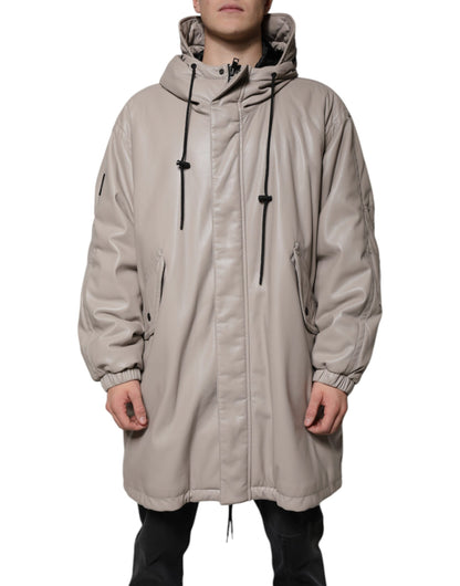 MSGM Veste manteau casual beige à capuche, manches longues et fermeture éclair intégrale.