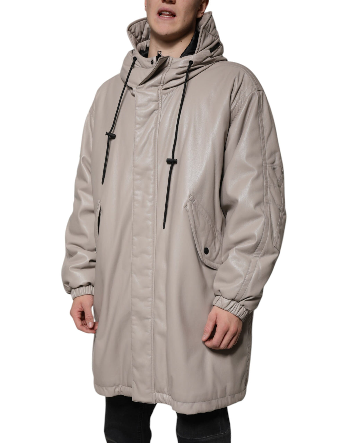 MSGM Veste manteau casual beige à capuche, manches longues et fermeture éclair intégrale.