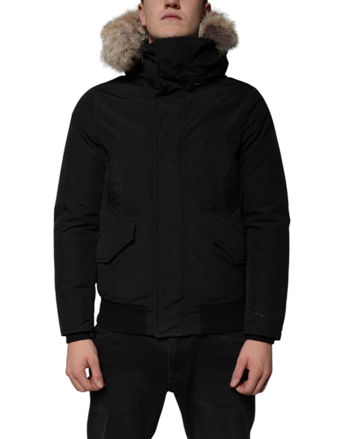 Manteau veste en laine et fourrure de mouton, noir, à capuche et manches longues de Woolrich