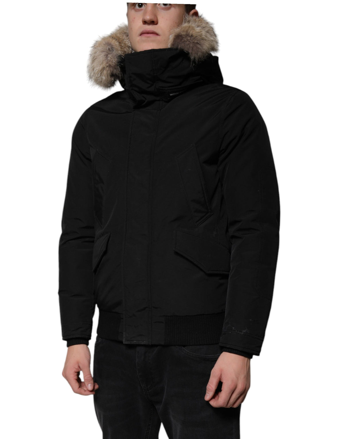 Manteau veste en laine et fourrure de mouton, noir, à capuche et manches longues de Woolrich