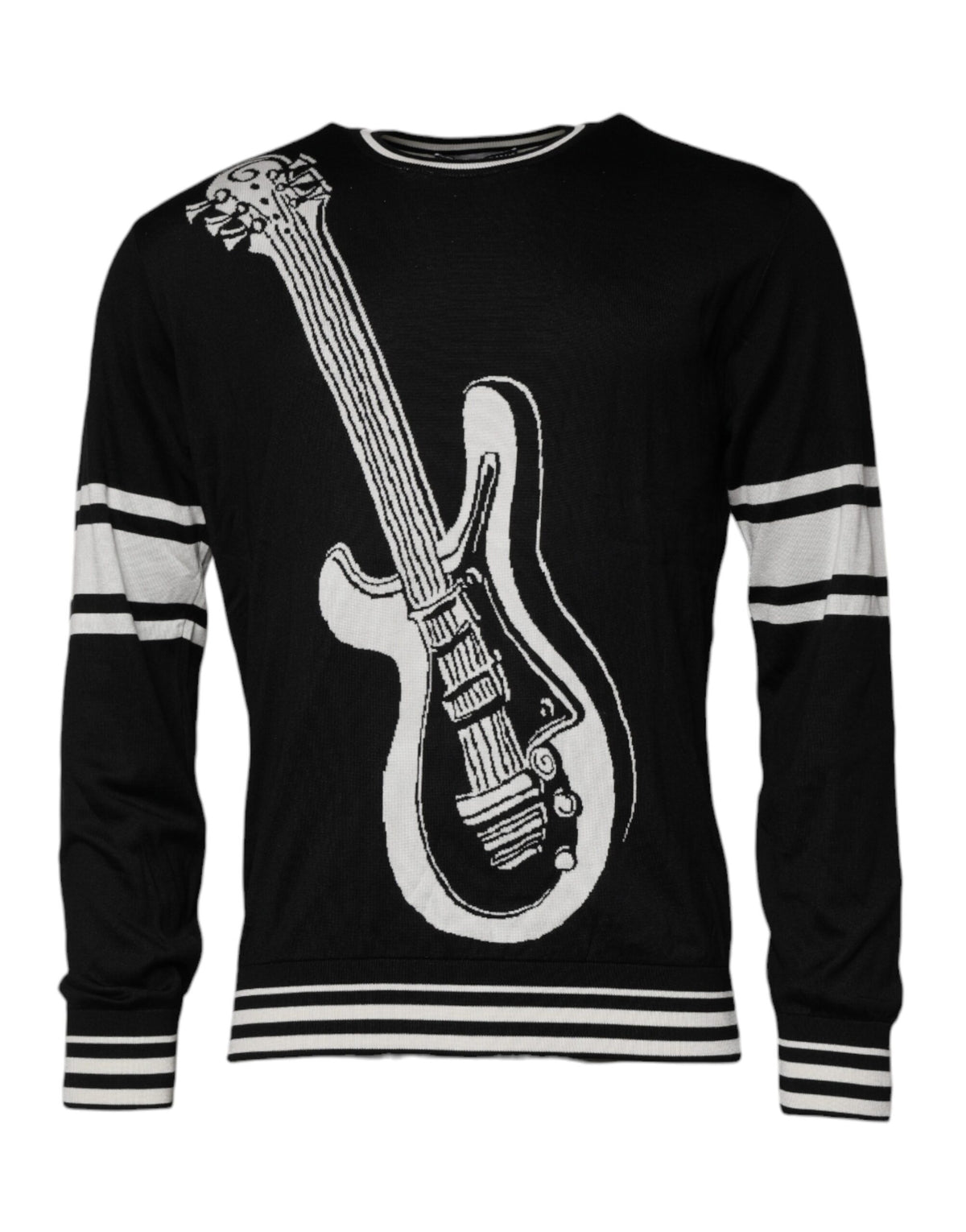Pull en soie à col rond noir et blanc avec motif guitare de Dolce &amp; Gabbana