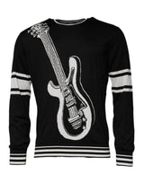 Pull en soie à col rond noir et blanc avec motif guitare de Dolce &amp; Gabbana