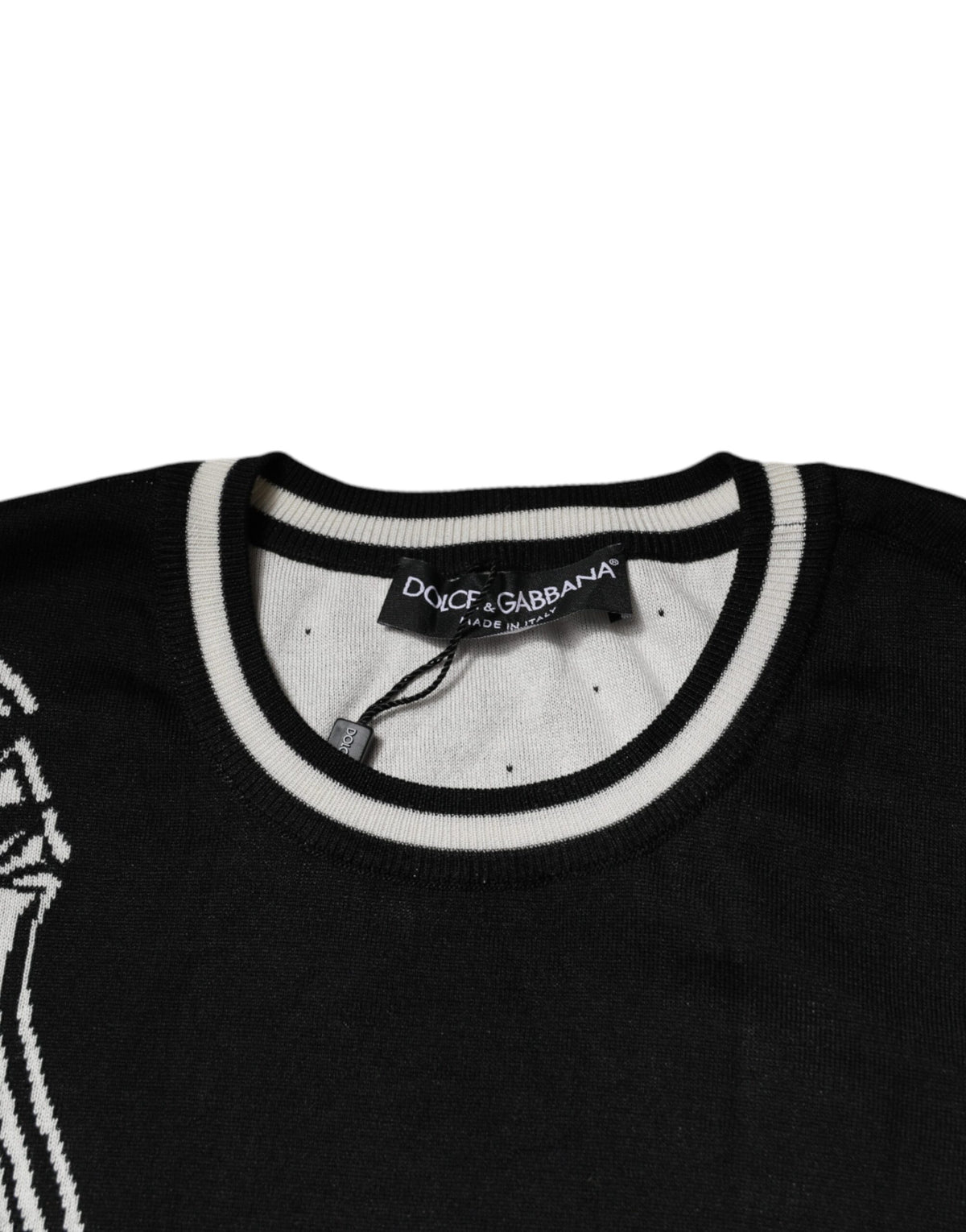 Pull en soie à col rond noir et blanc avec motif guitare de Dolce &amp; Gabbana
