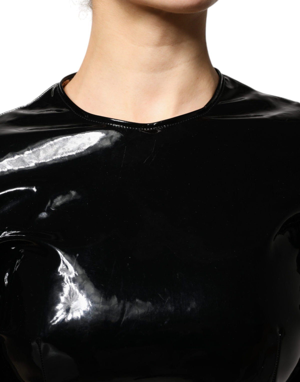 Robe Mini en Cuir Verni Noir avec Manches Bouffantes - Dolce & Gabbana