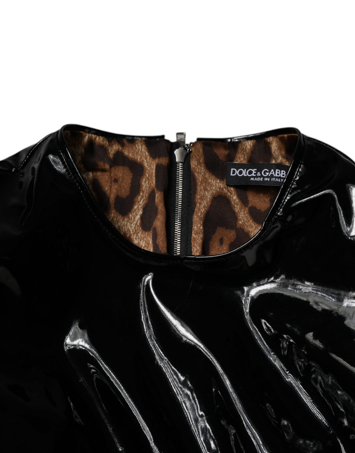 Robe Mini en Cuir Verni Noir avec Manches Bouffantes - Dolce & Gabbana