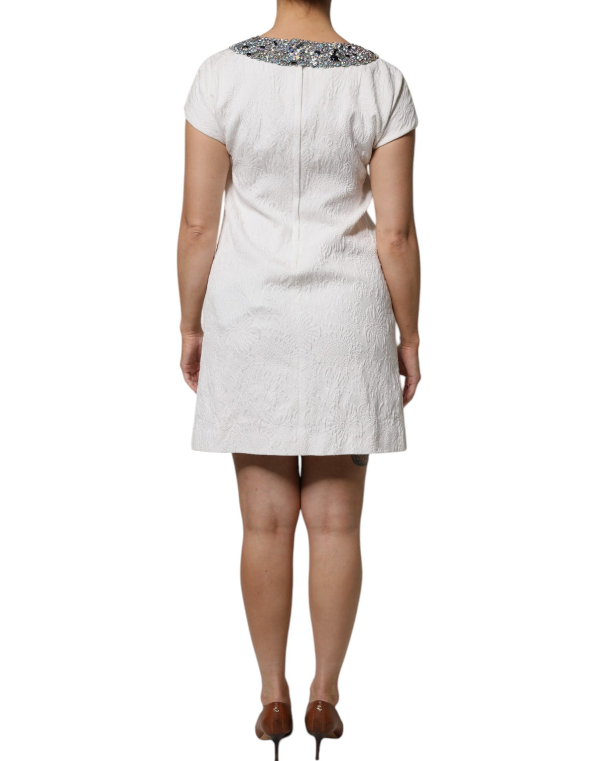 Robe Mini en Brocart Jacquard Blanc avec Cristaux Dolce & Gabbana