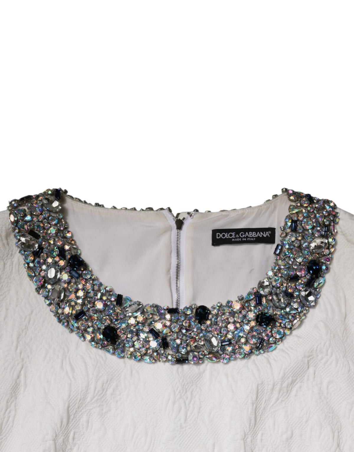 Robe Mini en Brocart Jacquard Blanc avec Cristaux Dolce & Gabbana