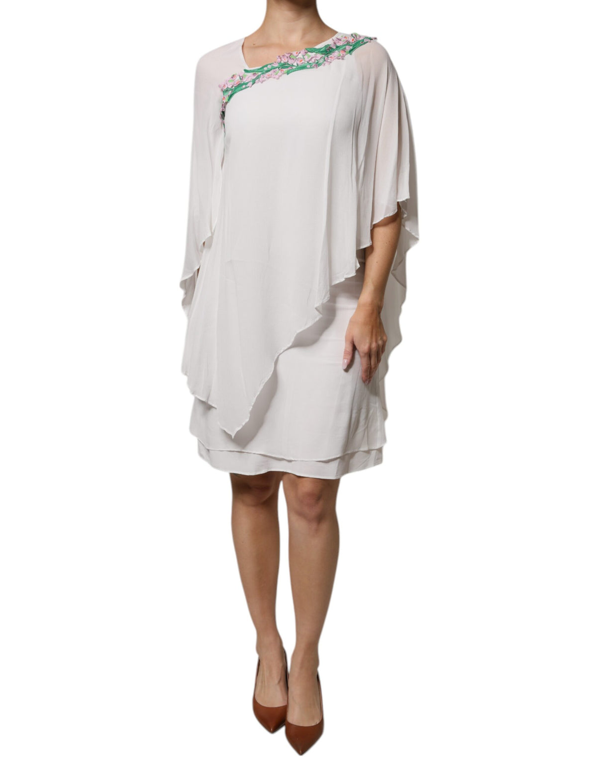 Robe Shift Blumarine en Chiffon de Viscose Blanc avec Broderie Florale