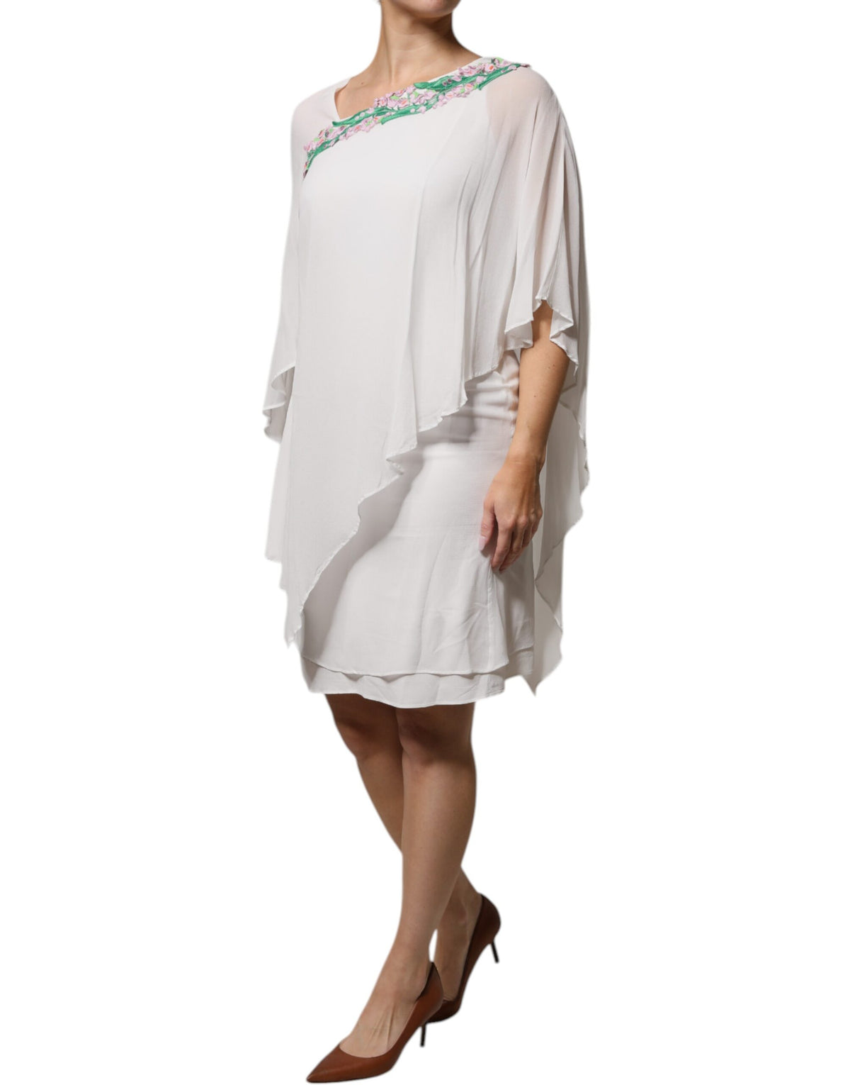 Robe Shift Blumarine en Chiffon de Viscose Blanc avec Broderie Florale