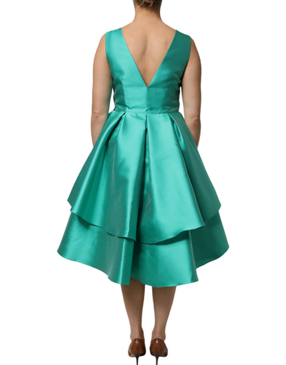 Robe à plusieurs épaisseurs, sans manches, avec décolleté en V, en polyester satiné vert d'Alberta Ferretti.