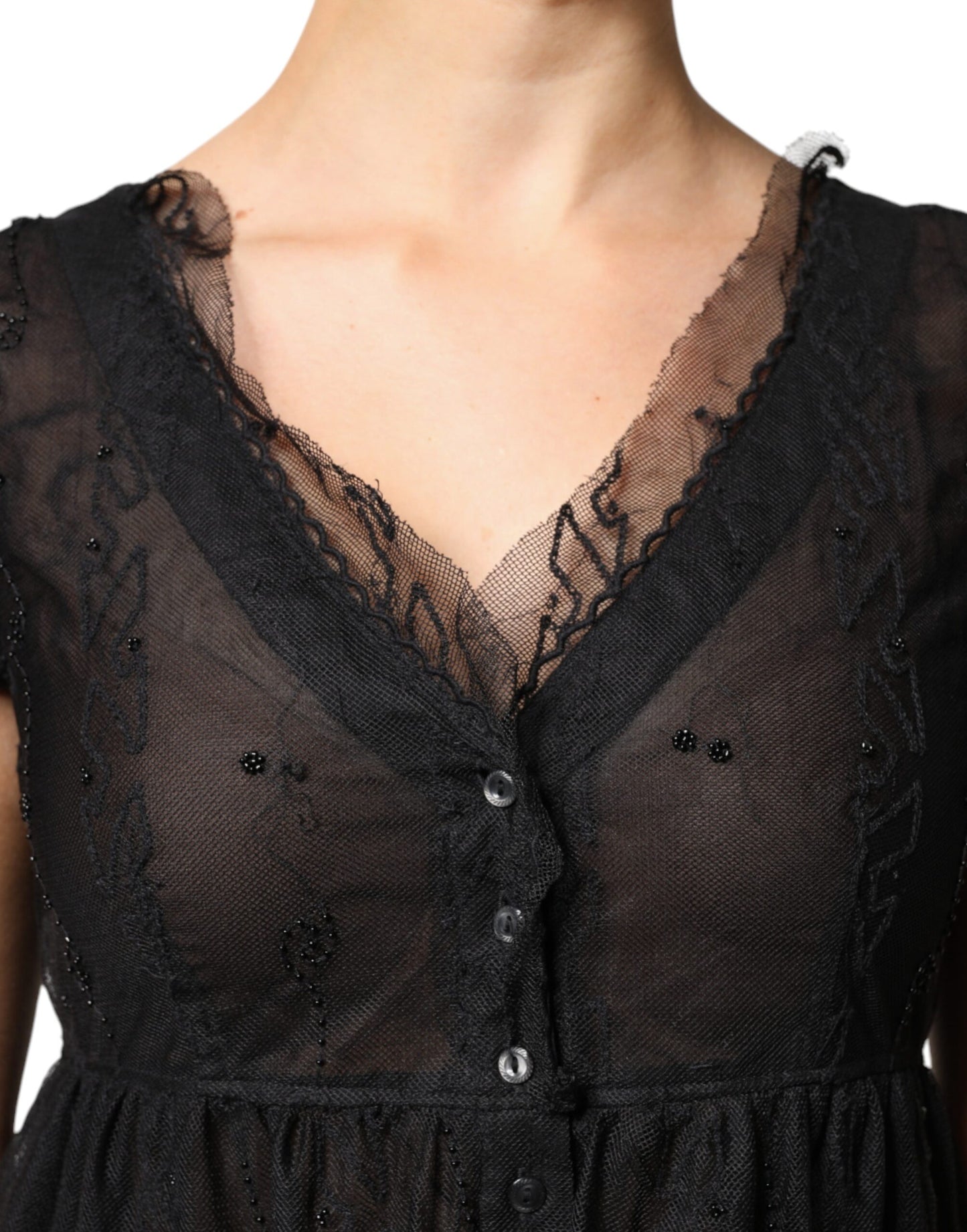 Mini-robe trapèze noire à manches courtes et dentelle florale de Blugirl