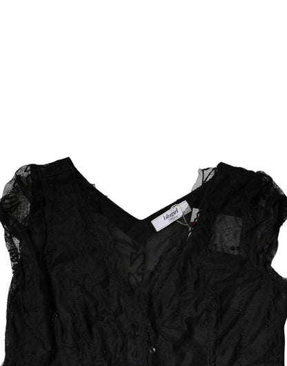 Mini-robe trapèze noire à manches courtes et dentelle florale de Blugirl