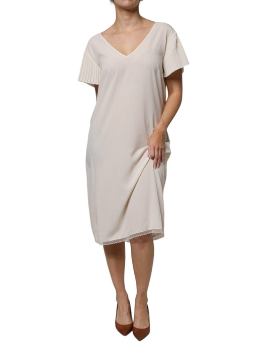 Robe midi ample à manches courtes et col en V, couleur blanc cassé, de la marque Peserico.
