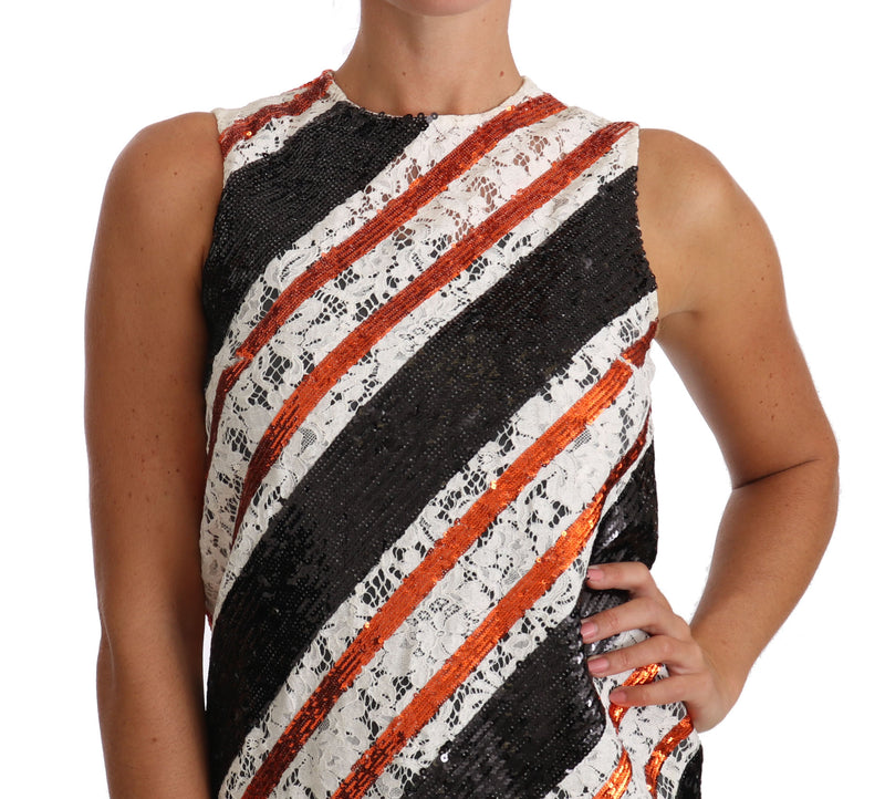 Robe Dolce &amp; Gabbana blanche et orange à sequins et dentelle florale ornée de fleurs