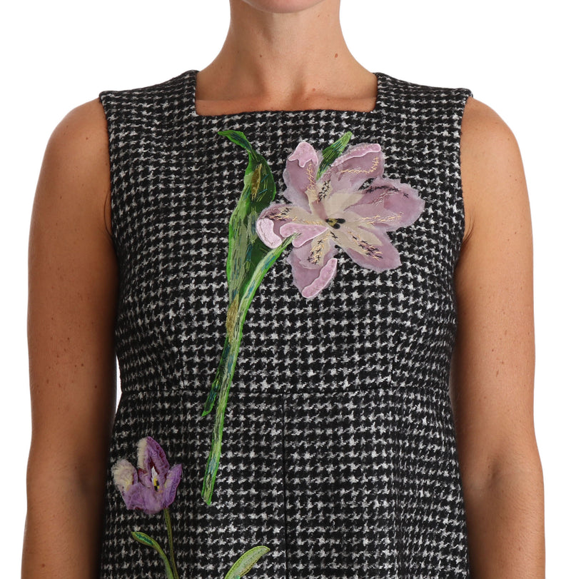 Robe courte Dolce &amp; Gabbana grise à motif pied-de-poule et appliqués floraux