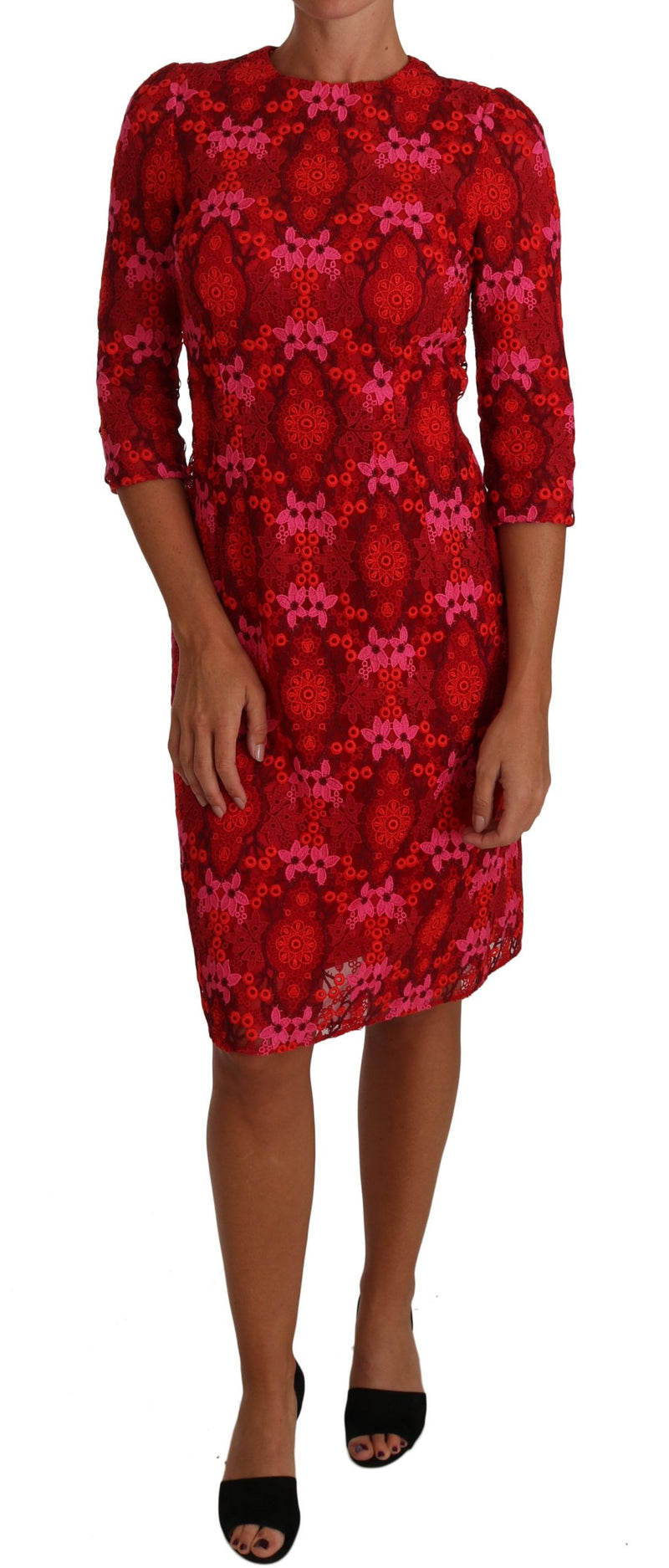 Robe fourreau rouge et rose en dentelle crochetée à motif floral Dolce &amp; Gabbana