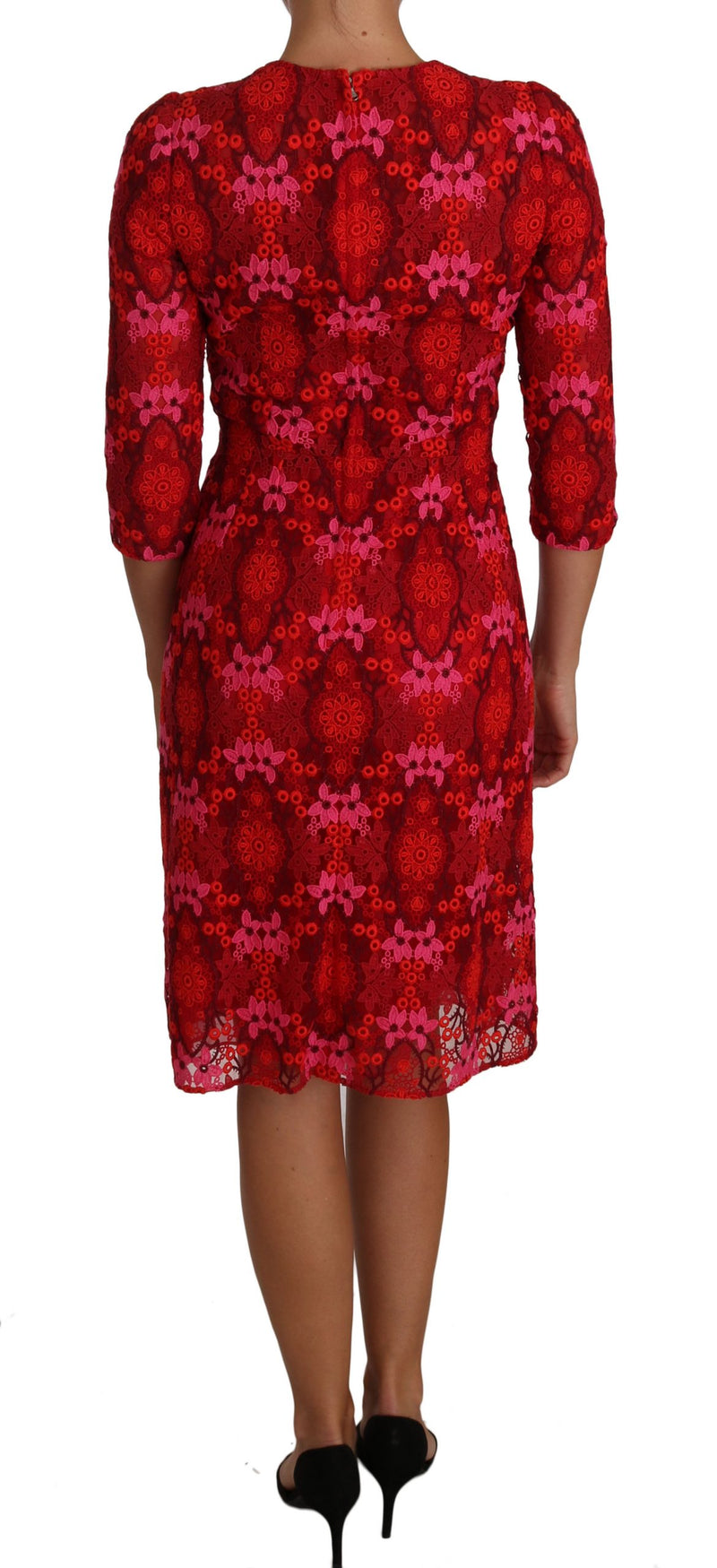 Robe fourreau rouge et rose en dentelle crochetée à motif floral Dolce &amp; Gabbana
