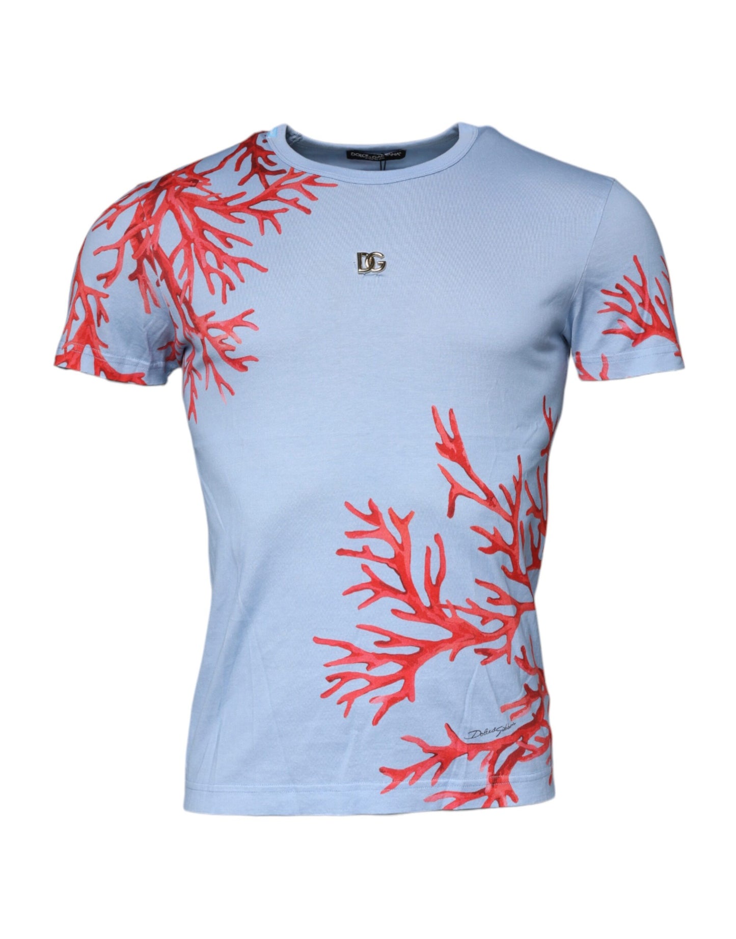Dolce &amp; Gabbana T-shirt voor heren met ronde hals, gemaakt van lichtblauw koraalgekleurd katoen.
