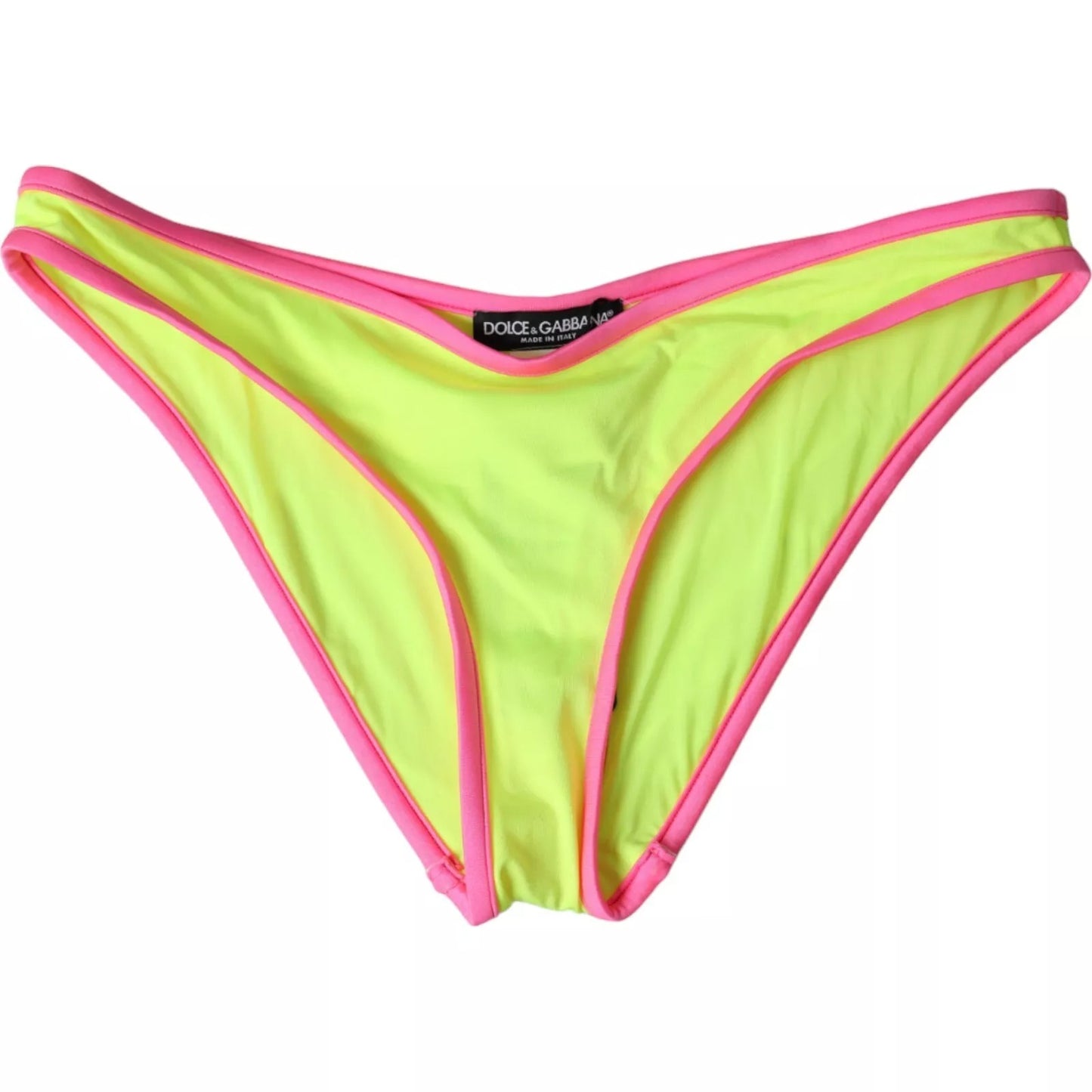 Bikini Dolce & Gabbana, bas de maillot de bain en nylon jaune et rose, pour plage.
