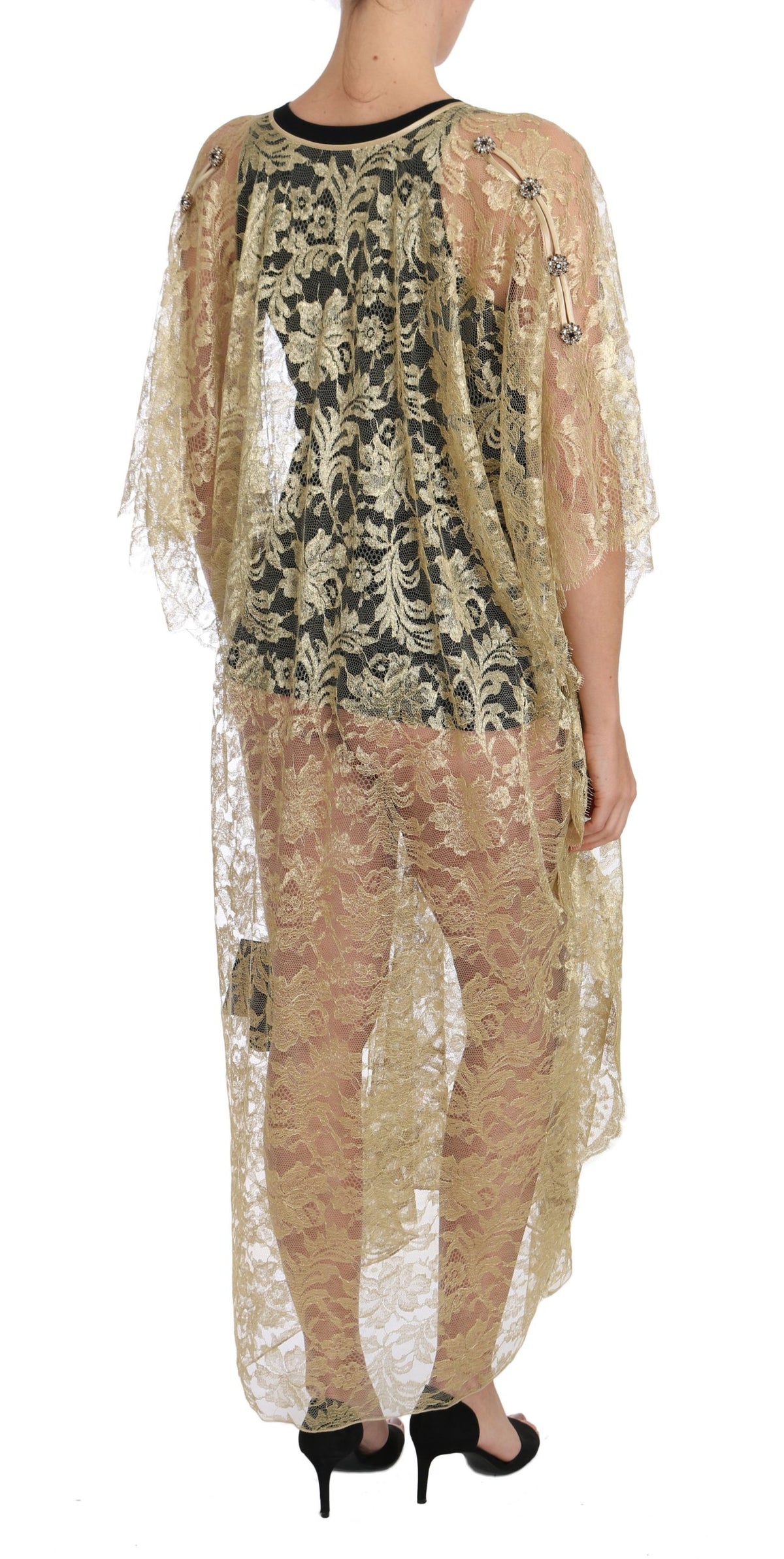 Robe cape en dentelle florale dorée et cristaux Dolce &amp; Gabbana