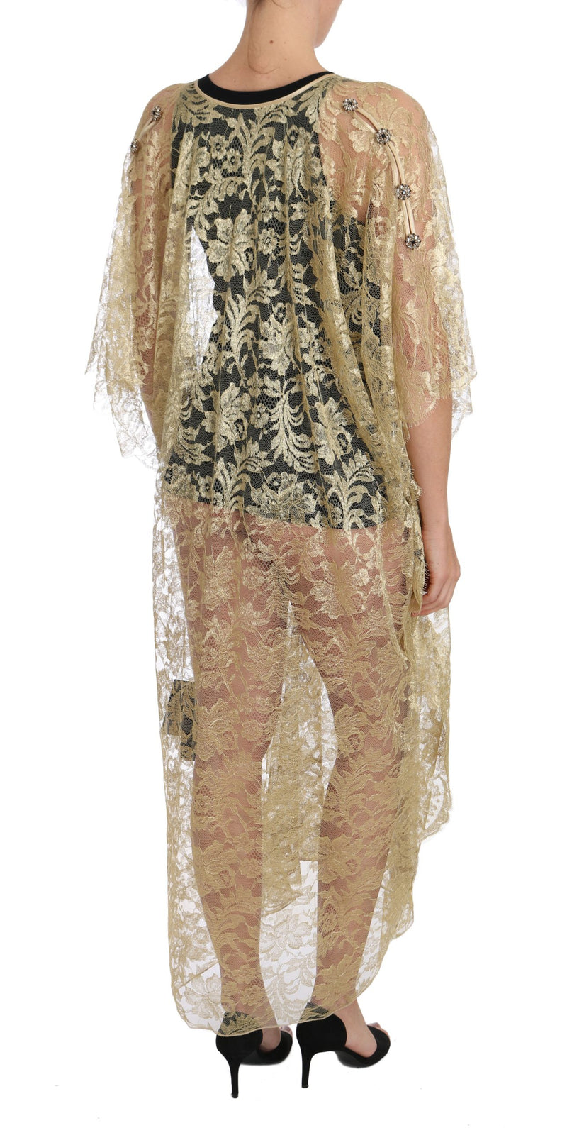 Robe cape en dentelle florale dorée et cristaux Dolce &amp; Gabbana