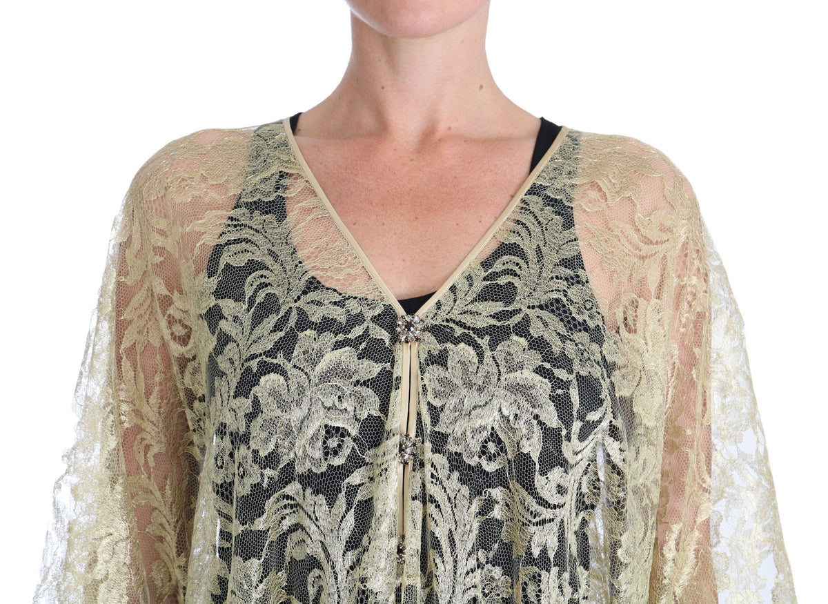 Robe cape en dentelle florale dorée et cristaux Dolce &amp; Gabbana