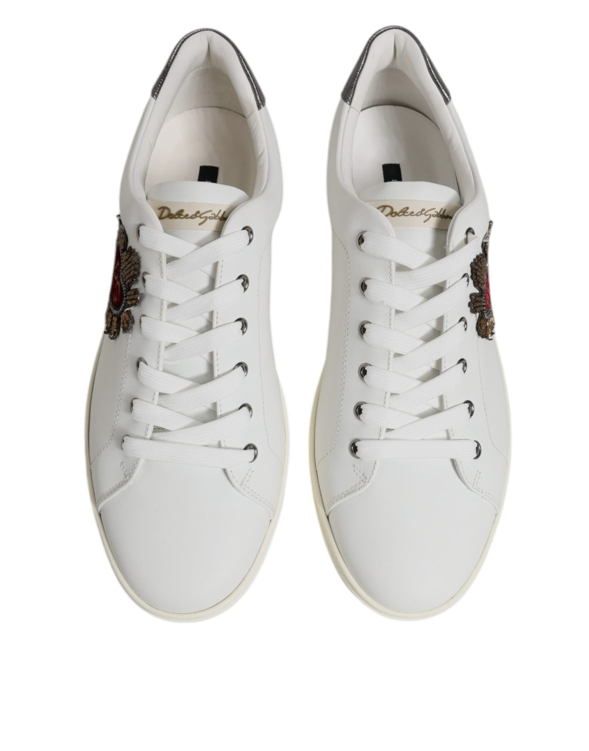 Dolce & Gabbana White Leather Heart Embellished Sneakers