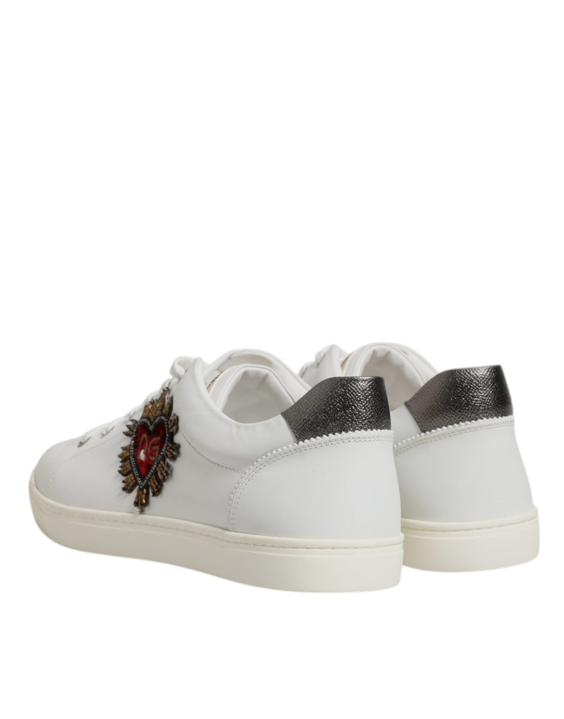Dolce & Gabbana White Leather Heart Embellished Sneakers