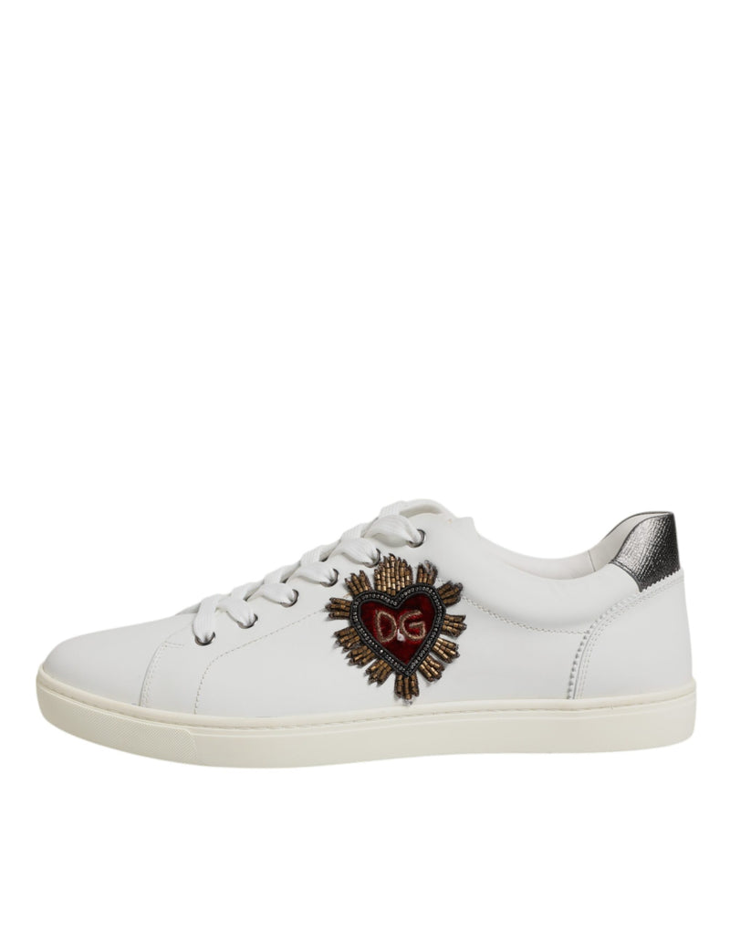 Dolce & Gabbana Sneakers en Cuir Blanc avec Ornements en Coeur