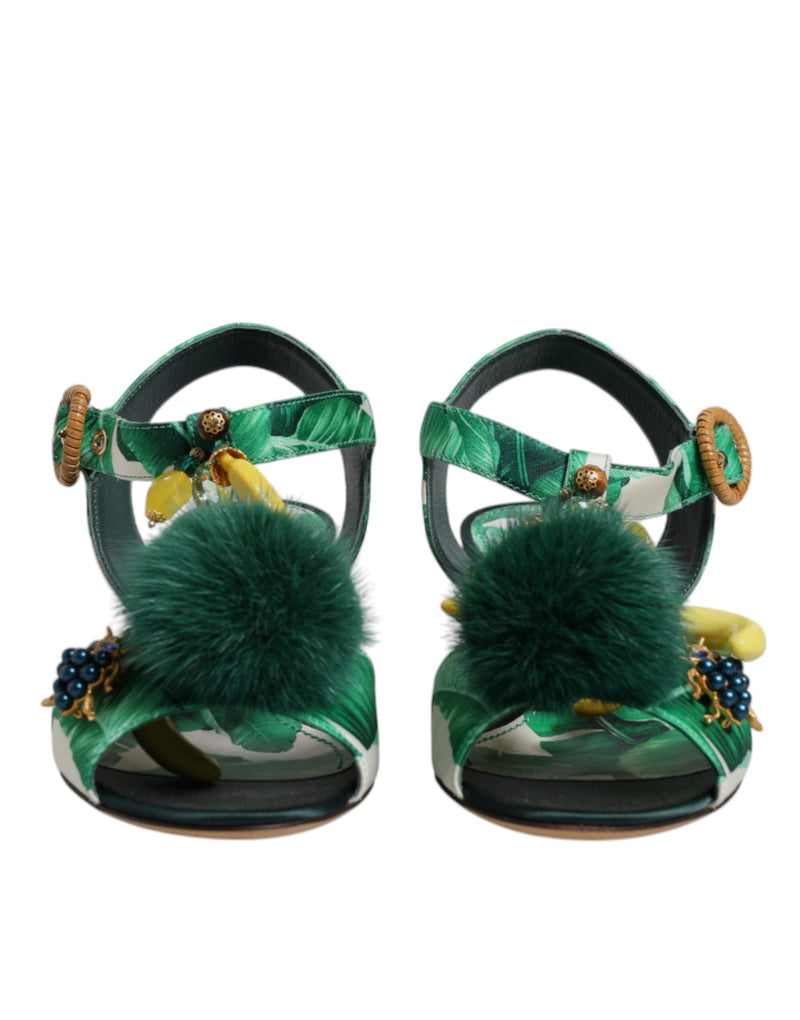 Dolce & Gabbana Green Crystal Fur Embellished Sandals