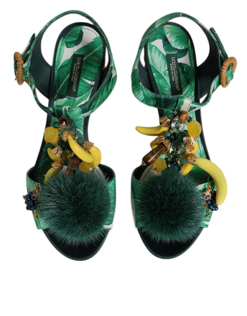 Dolce & Gabbana Green Crystal Fur Embellished Sandals