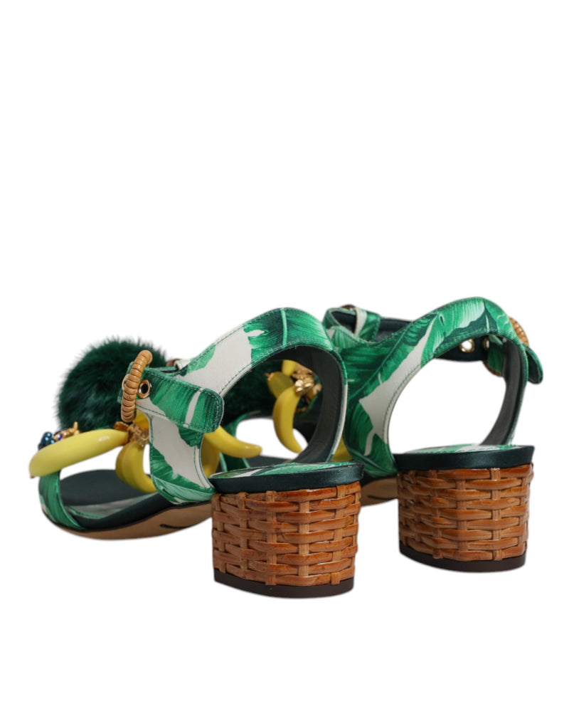 Dolce & Gabbana Green Crystal Fur Embellished Sandals