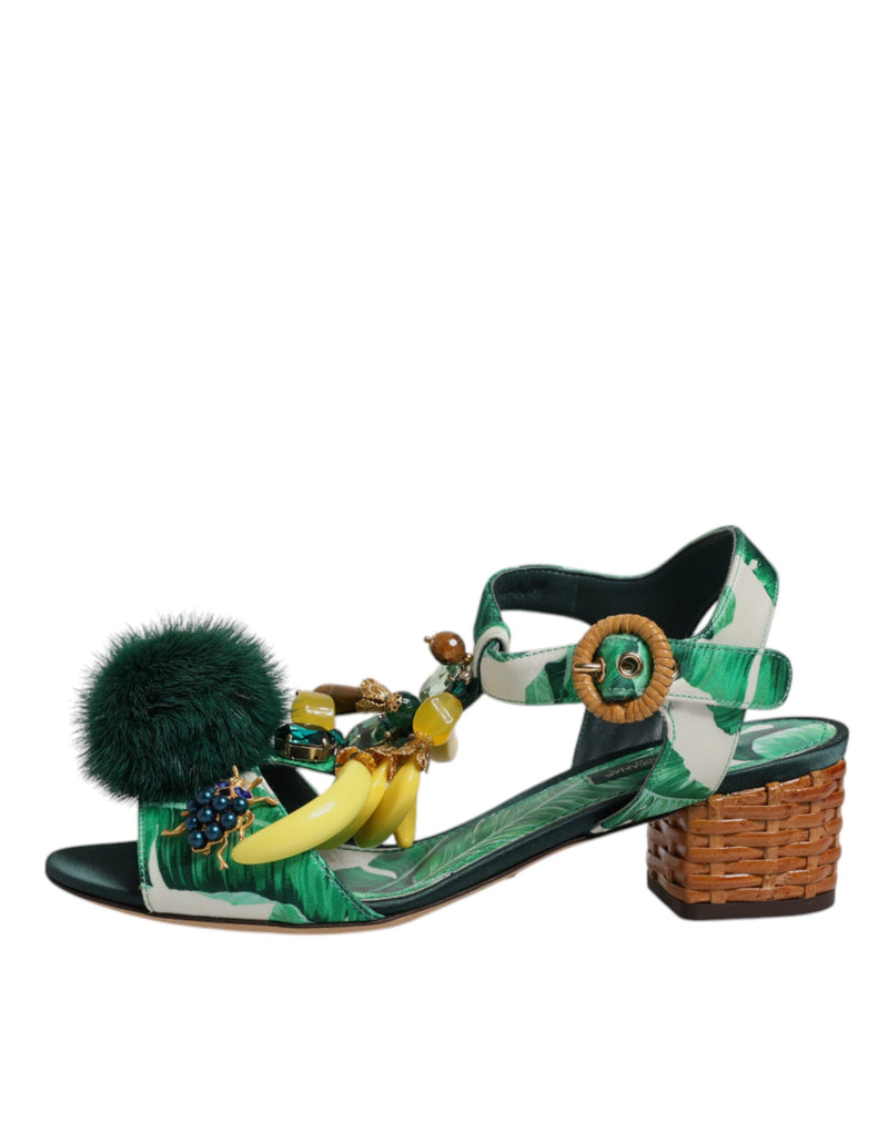 Dolce & Gabbana Green Crystal Fur Embellished Sandals