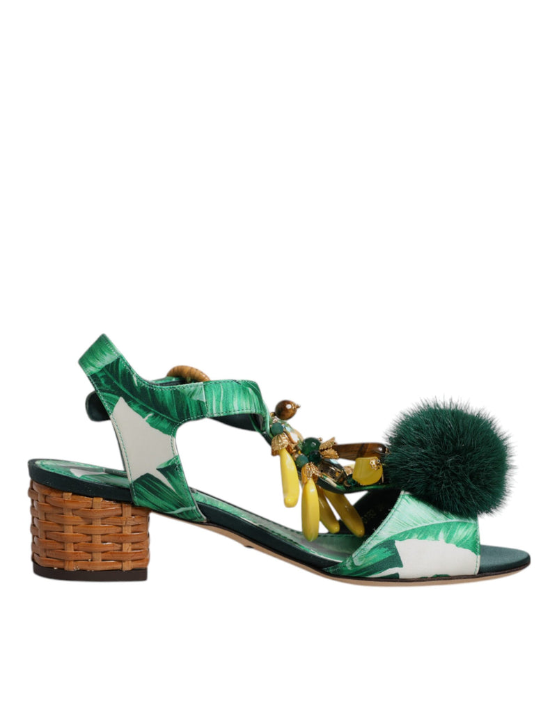 Dolce & Gabbana Green Crystal Fur Embellished Sandals