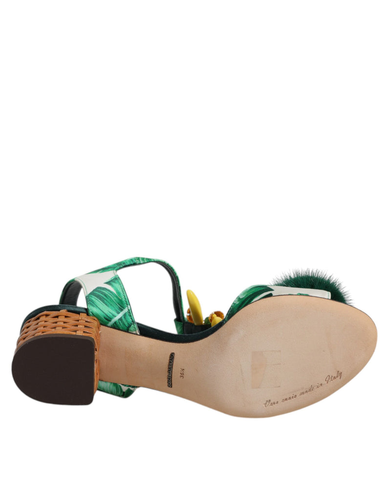 Dolce & Gabbana Green Crystal Fur Embellished Sandals