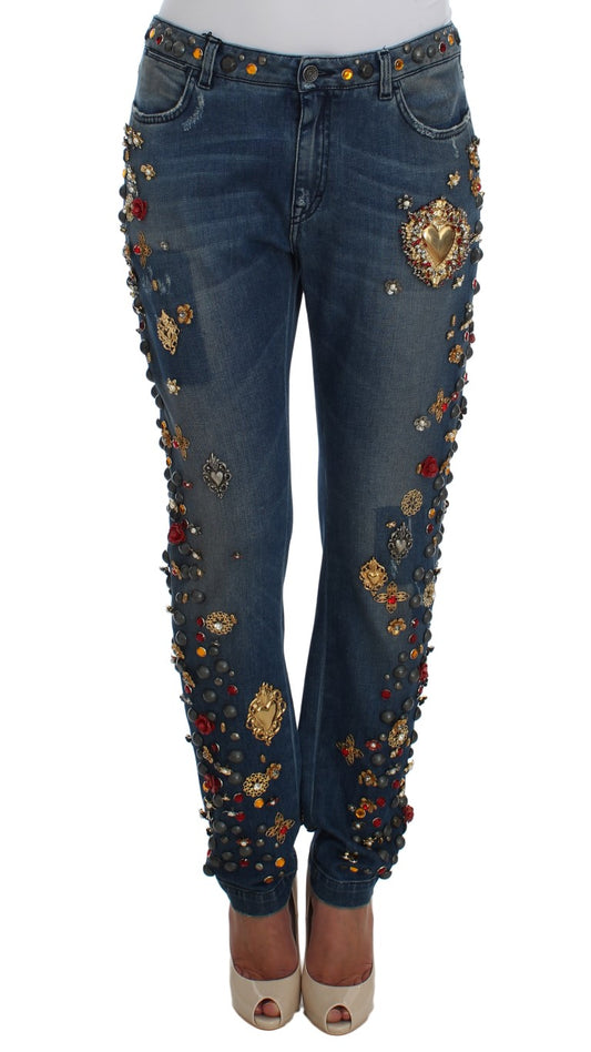 Jeans Dolce & Gabbana ornés de cristaux et de roses en forme de cœur