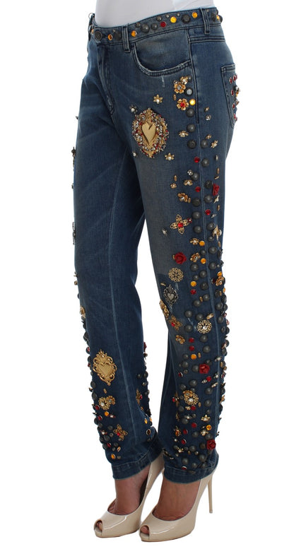 Jeans Dolce & Gabbana ornés de cristaux et de roses en forme de cœur