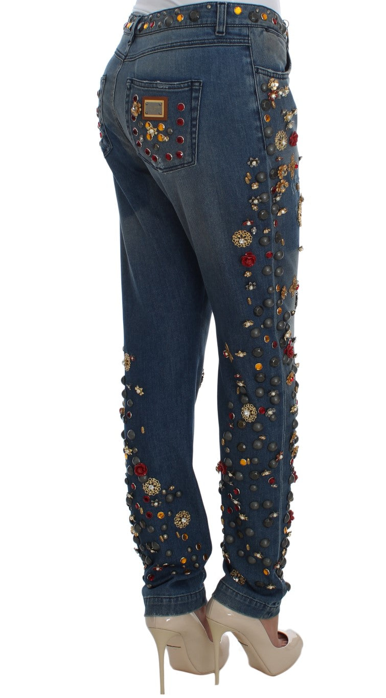 Jeans Dolce & Gabbana ornés de cristaux et de roses en forme de cœur