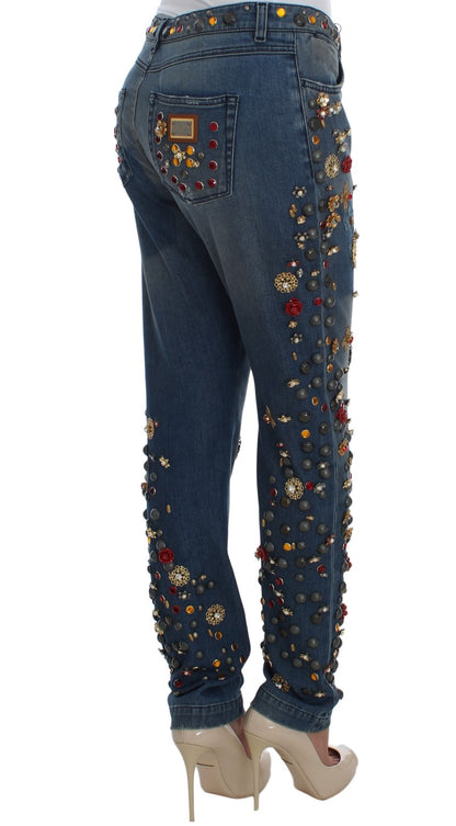 Jeans Dolce & Gabbana ornés de cristaux et de roses en forme de cœur
